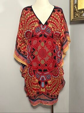 Speed Central NY Large Boho Kaftan Mini Dress Red Geometric V-Neck Tunic